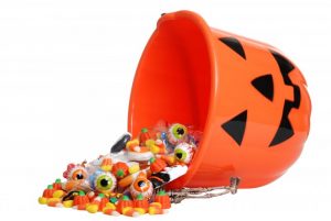 A spilled bucket of Halloween candy.